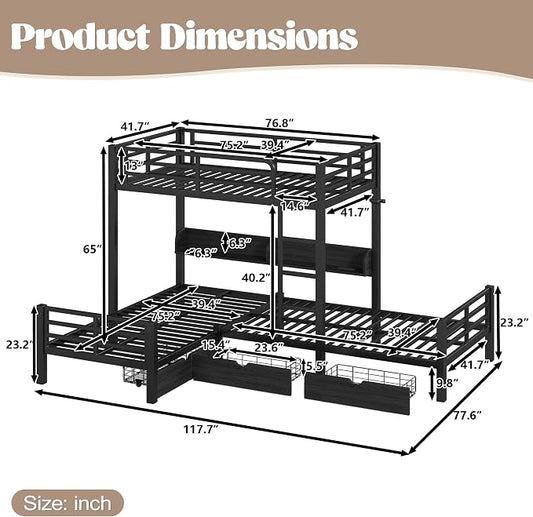 Bellemave L-Shape Triple Bunk Bed with 3 Storage Drawers and Shelves for 3,Metal Bunk Beds Twin Over Twin with Charging Station & LED Lights for Kids,Teens,Adults,Black