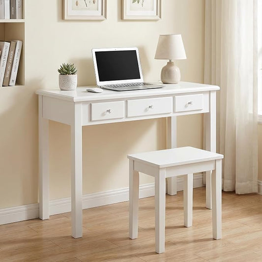 STHOUYN Small White Writing Desk with Drawers, Vanity Table for Bedroom | Small Farmhouse Makeup Vanity Desk No Mirror, Adult/Student Writing Desk with Drawers for Small Spaces, Home Office, Study