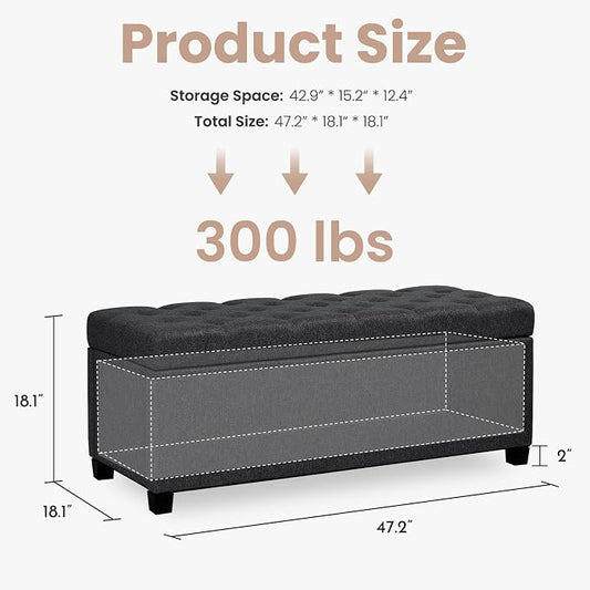 47.2" Ottoman with Storage, Storage Ottoman Bench with Safety Hinge,Tufted End of Bed Bench, Upholstered Entryway Bench for Bedroom, Living Room & Window (Blacklinen-Upgraded Version)