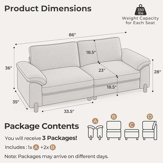SITJOY Large Cloud Couch, 86" Wide 2 Seater Loveseat, Light Gray Chenille | Detachable and Washable Chenille Cover Sectional Sofas for Living Room, Deep Seat Wide Couch