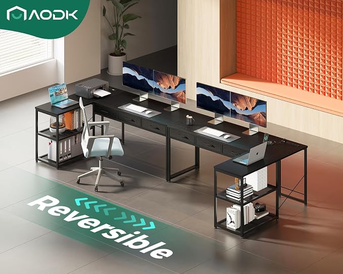AODK 61 Inch L Shaped Computer Desk with Drawers, Corner Desk with Power Outlets & Reversible Storage Shelves, for Home Office Gaming, Black