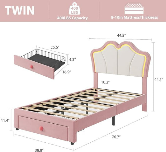 Garvee Twin Bed Frame with Storage, Upholstered LED Bed Frame with Headboard, Cute Velvet Platform Bed Frame for Kids, Girls, Solids Wood Slats Support, No Box Spring Needed, Easy Assembly, Pink+White