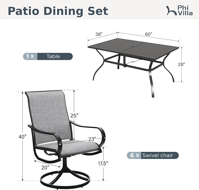 PHI VILLA Outdoor Dining Set for 6, Swivel Mesh Chairs & Metal Table, Grey | Includes 60'' rectangle table with umbrella hole and 6 breathable textilene chairs, designed for deck, backyard, garden