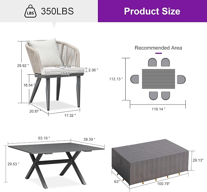 PURPLE LEAF 7 Pieces Patio Dining Set with Waterproof Furniture Cover Rectangular Table and Chairs Set for Garden Deck Aluminum Frame Backyard Kitchen Set, Cushions and Pillows Included Taupe