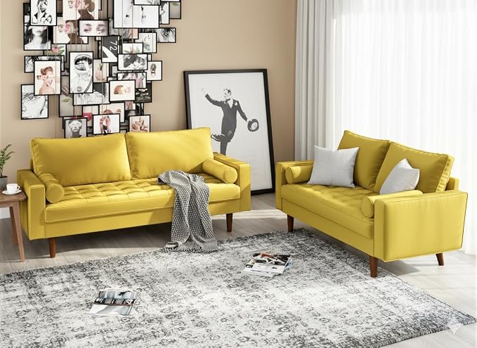Container Furniture Direct Womble 58 Inch Velvet Loveseat Sofa with Elegant Button Tufted Upholstery, Square Arms, Splayed Wood Legs, Includes Matching Bolster Pillows, Goldenrod