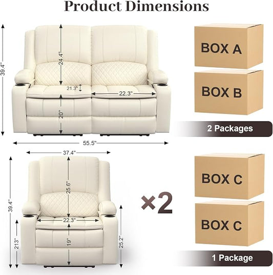 Yolsali Loveseat Recliner Sofa Set with 2-Tier Cushion, 2+1 Pieces in Living Room, 2 Seater Reclining Loveseat Leather with Removable Console, 1 Oversize Recliner Chair Sofa Seat - White PU