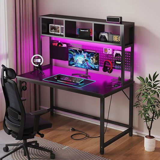 DLisiting Black Gaming Desk with Hutch and Pegboard - 47 Inch Gaming Desk with Shelves Storage Power Outlets, Computer Teen Work Study Writing Desks for Bedroom Home Office