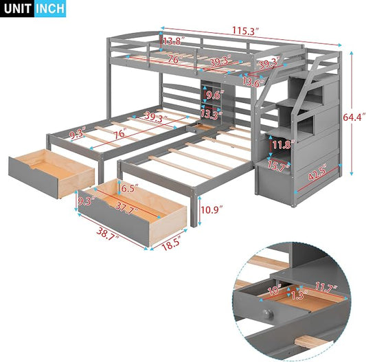 VilroCaz Twin Size Triple Bunk Bed with Drawers and Staircase, Solid Wood Bunk Bed Frame with Safety Full-Length Guardrail and Built-in Shelves, 3 Beds in 1 for Kids Teens Adults