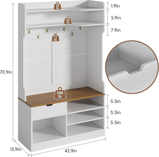 Hall Tree with Bench and Shoe Storage, White | 5-in-1 Entryway Hall Tree with Coat Rack, Hidden Drawer, 7 Coat Hooks, 3-Tier Shoe Storage for Hallway and Mudroom