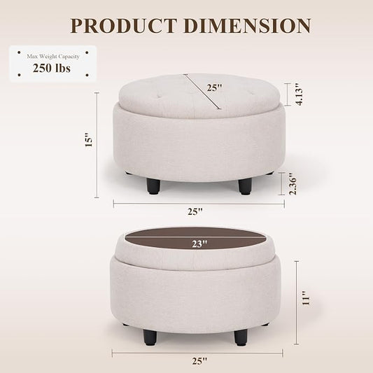 COLAMY Round Hidden Storage Ottoman with Reversible Tray Lid – Multi-Functional Footrest, Sturdy & Stylish Fabric Coffee Table for Living Room, Bedroom, or Entryway, Beige