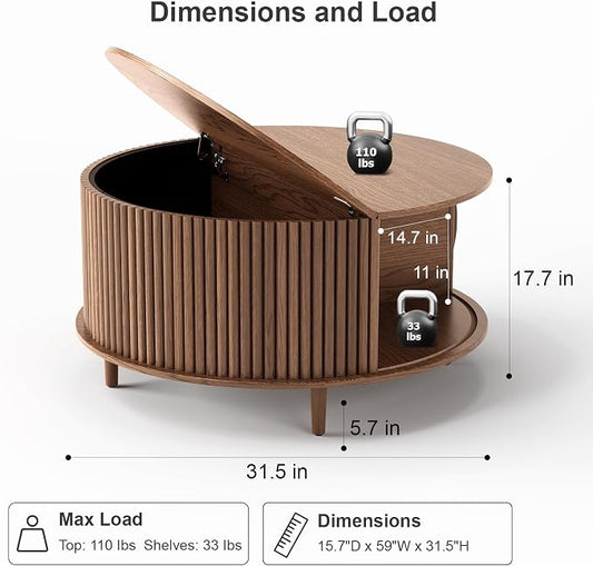 JOINICE 31.5" Round Coffee Table with Storage for Living Room, Walnut | Hidden Storage,Fluted Sliding Door,Mid Century Furniture for Small Apartments,Solid Wood Legs,Easy Assembly,Up to 110 lbs
