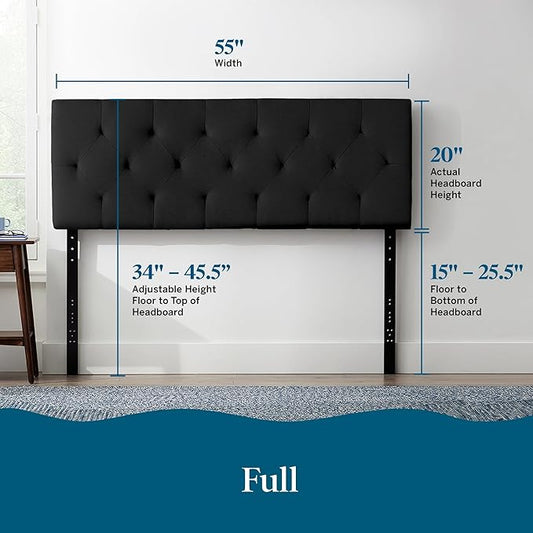 Lucid Mid-Rise Upholstered Headboard - Diamond Tufted - Padded Polyester - Adjustable Height from 34” to 46” - Easy Assembly - Bed Frame or Wall Mount - Sturdy - Black - Full / Full XL Size