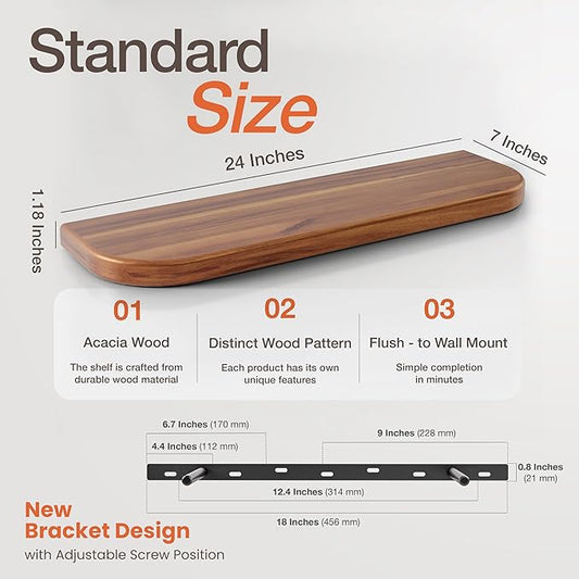 BATODA 24" Acacia Wood Floating Shelves Wall Mounted (Round Edge) – Rustic Farmhouse Wooden Wall Storage Shelf for Bedroom, Kitchen - Brackets and Shelving Hardware Included (Acacia,24 Inch Length)