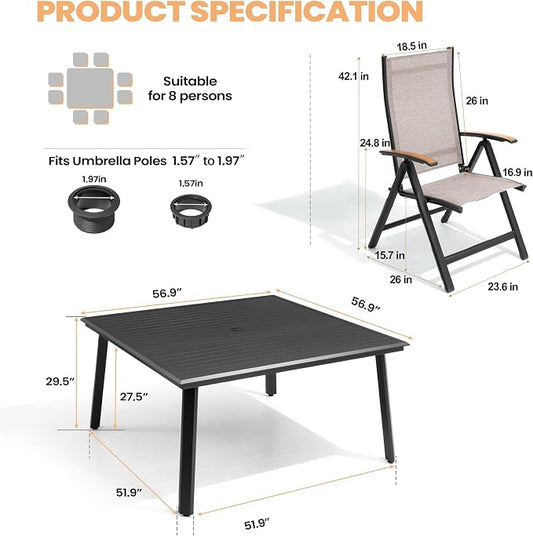 Pellebant 9 Pieces Aluminum Patio Table and Chairs Set - 57" Square Table and Foldable Chair Outdoor Dining Set with Umbrella Hole, Weather Resistant Sturdy Frame for Deck, Porch & Backyard