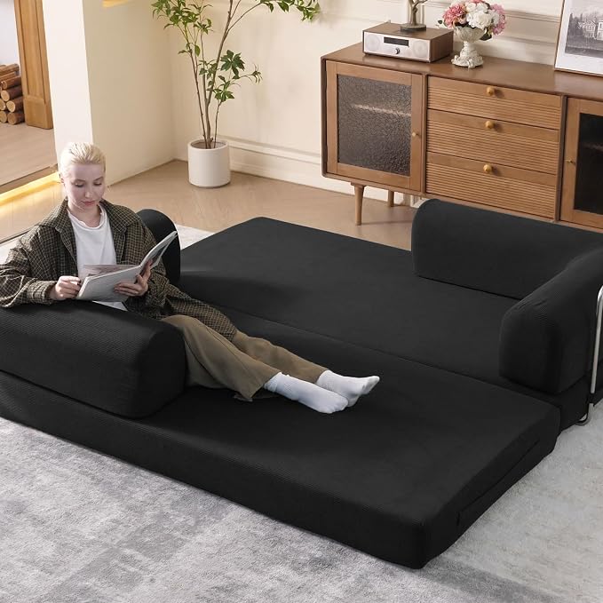 WHGBJA 79" Convertible Sleeper Sofa Bed with Cylindrical Pillow, Corduroy Folding Mattress Couch with Fixed-Shape Frame, Floor Sofa Lounge Couch for Living Room Bedroom Lounge Studio (Black)