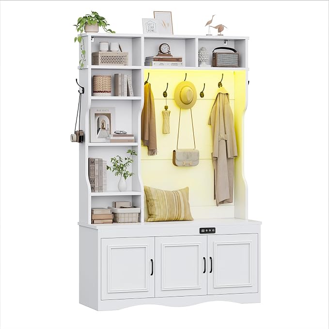 UPOSOJA Hall Tree with Deodorizing, Entryway Bench Shoe Storage, Coat Racks, Led Lights, 7 Coat Hooks, 7 Storage Cubbies, Adjustable Shelf (White)