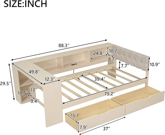 Bellemave Twin Size Corner Bed Frame with Storage Shelves and Desk, Wood Twin Daybed with Bookcase and Drawers and Upholstered Headboard, Cream