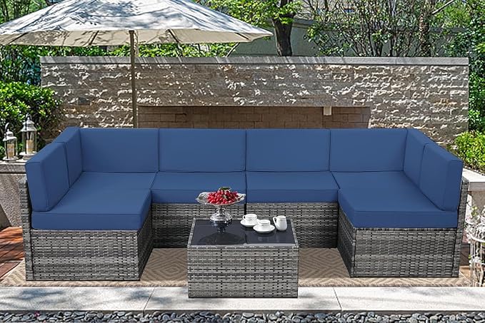 U-MAX 7 Piece Outdoor Patio Furniture Set, PE Rattan Outdoor Wicker Sectional Furniture Chair Set with Cushions and Tea Table, Grey Rattan and Navy Cushion