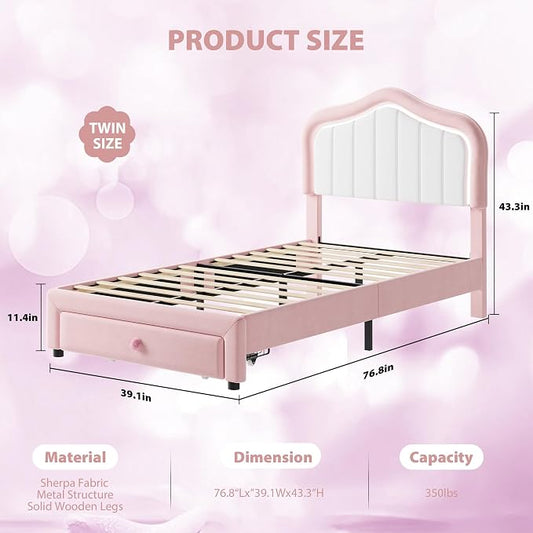 Twin Upholstered Bed Frame With Storage Drawer and Smart Led Headboard, Princess Twin Size Platform Bed Frames for Kids/Girls, Wooden Slats Support, No Box Spring Needed, Easy Assembly, Pink