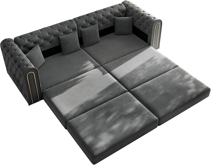 90.6'' Futon Sofa Bed, Chesterfield Velvet Sleeper Sofa, Convertible Floor L-Shaped Couch, Tufted Back, 4 Pillows, Gold Edge Trim, Deep Loveseat Couches for Living Room, Apartment, Gold Grey