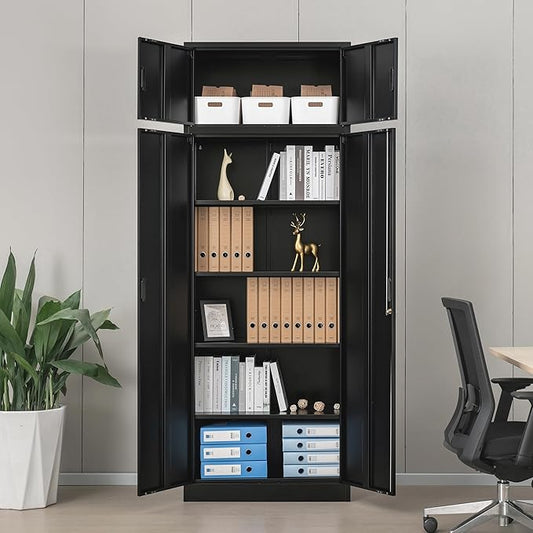 Wanfu Metal Storage Cabinet, 87" H x 32" W x 16" D Locking Storage Cabinets with 4 Adjustable Shelves and Top Cabinet for Office, Garage, Home-Black