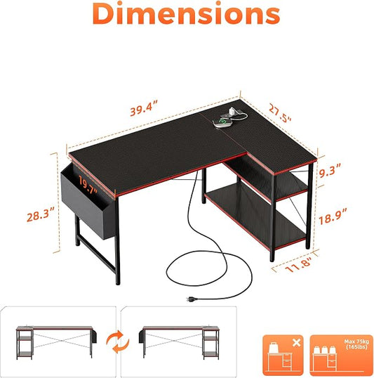 Mericonia Small L Shaped Computer Desk with Power Outlets, Reversible Gaming Desk with Storage Shelves, Corner Gamer Desk Table, Study Writing Table