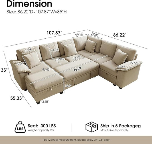 107.8" Modular Sectional Sleeper Sofa with Pull Out Bed, U Shaped 7 Seat Couch with 221L Storage, Convertible Cloud Couch Bed with Ottoman, Sectional Couches for Living Room, Apartment (Sand)