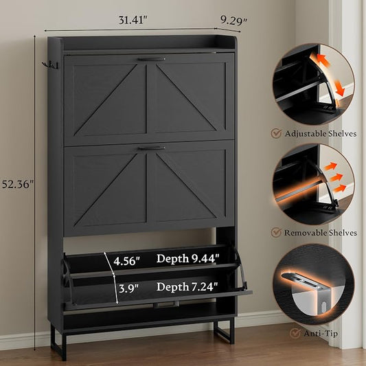 BORNOON Shoe Cabinet with 3 Flip Drawers Narrow Shoe Storage Cabinet Organizer Wooden Freestanding Shoe Rack Hidden Slim Shoes Storage Cabinet for Entryway, Hallway, Living Room, Bedroom