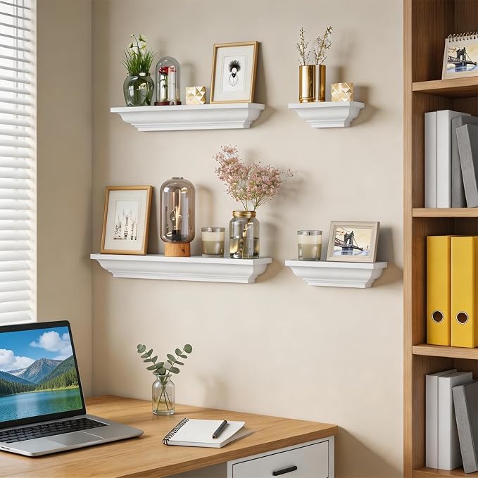 SRIWATANA White Floating Shelves, 24 Inch Solid Wood Storage Wall Shelves Set of 4 Display Ledge Shelves Decor for Bedroom, Living Room, Bathroom, Kitchen