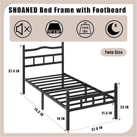 SHOANED 14 Inch Metal Bed Frame - Twin Size Heavy Duty Bedframe with Headboard & Footboard Black Basic Steel Slats Platform No Box Spring Needed/Easy Assembly/Noise Free