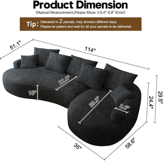 115-inch L-Shaped Luxurious Modern Contoured Curved Back Sofa, a Seamless Boneless Design with a Curved Silhouette, Ideal for Living Room use(Right Chaise,Black)
