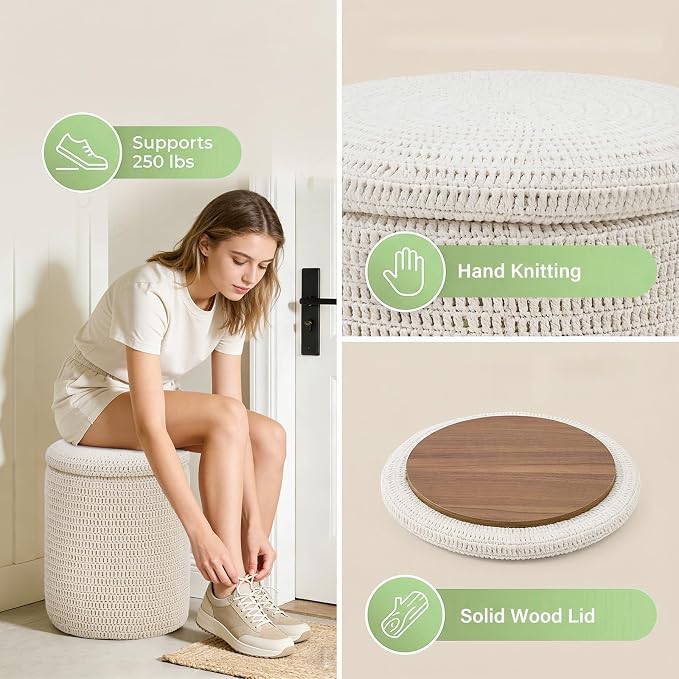 Wimarsbon Pouf Ottoman, 100% Cotton Knitted Boho Footstool, Round Footrest with Non-Skid Wood Legs, Home Décor Handmade Pouffe, Leisure Floor Step Stool for Living Room (14inch White Storage Ottoman)