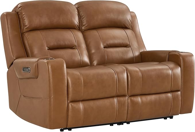 Watson & Whitely Genuine Leather Power Loveseat Recliner Sofa, Lay Flat Loveseat Reclining Sofa with Power Headrest, Cup Holders, USB & Type-C Ports, Dual Recliners for Living Room, Saddle Brown