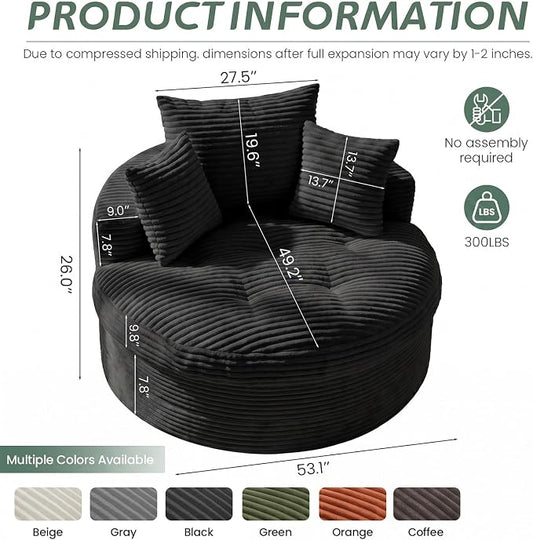 Oversized Round Chaise Lounge Chair, Deep Seat Cloud Boneless Floor Sofa Couch, Upholstered Corduroy Sleeper with 3 Pillows & Optional Ottoman, No Assembly Modern Lazy Floor Lounger for Living Room