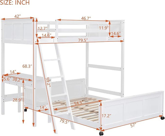 Ball & Cast Twin Over Full Bunk Bed with Safty Guardrail & Stairway,Heavy Duty Wood Loft Bedframe W/Desk & Drawers,Easy Assembly,Versatile Functional Bedroom Furniture Set for Boy Girl Teens,White