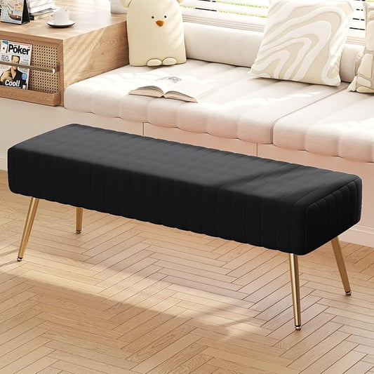 Furniliving 44 Inch Bedroom Bench, Upholstered Tufted Striped Fabric Ottoman Benches with X-Shaped Metal Legs for Living Room, Entryway Solid Wood Indoor Bench for Foyer (Black)