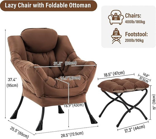 Furlide Lazy Chair with Ottoman, Modern Accent Chairs with Folding Footrest, Dark Brown Sofa Chair Set, Comfortable Reading Chairs, Oversized Armchairs for Bedroom, Study, Living Room, Courtyard
