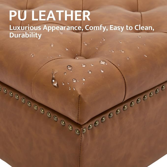 Large Square Storage Ottoman Uphlostered Tufted Button Coffee Table, Oversized Footrest Bench with Castered Rolling Wheels for Living Room, Brown Faux Leather