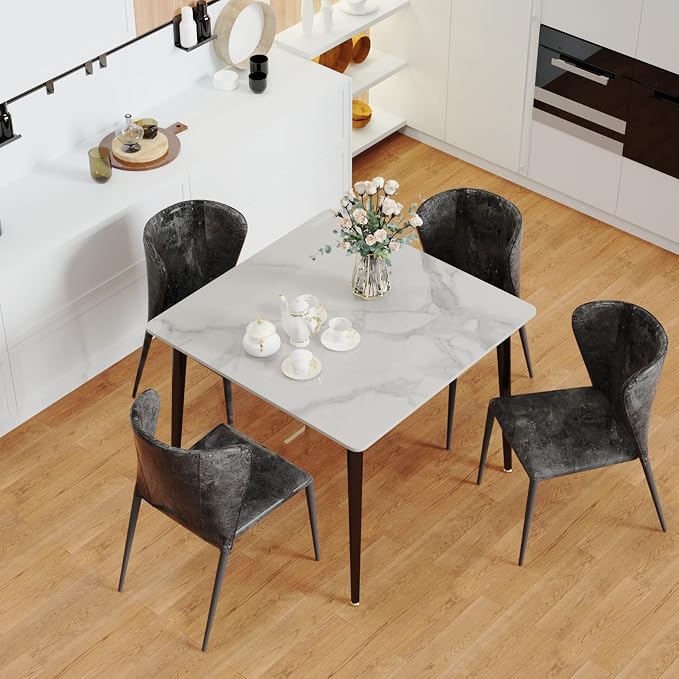 Wisfor Sintered Stone Dining Table: 32 Inch Square White Kitchen Breakfast Table with Black Metal Legs - 30 Inch High Restaurant Table for 4