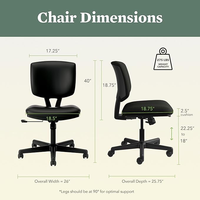 HON Volt Ergonomic Office Chair with Bonded Leather Seat and Back, Armless Desk and Computer Chair with Adjustable Center‑Tilt Recline and Wheels for Home Office or Workstation, Black