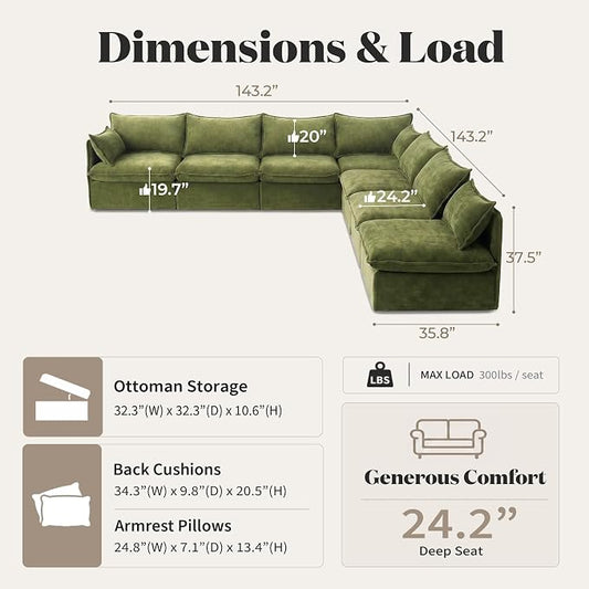 Cloud Modular Corner Sectional, Oversized Deep Seat Comfort, Luxe Chenille | Fully Removable Washable Covers, Memory Foam Seat Cushions, Premium Fabric