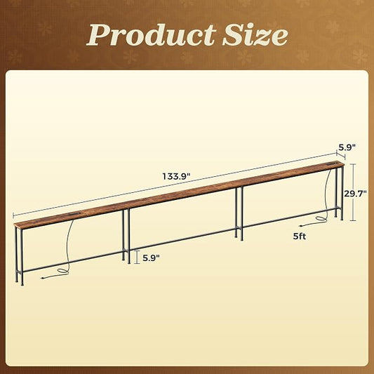 SUPERJARE 133.8 Inch Sofa Table with 2 Power Outlets and USB-C Ports, 5.9 Inch Narrow Console Table with Storage, Extra-Long, for Entryway Hallway Couch Behind Sofa, Small Spaces, Rustic Brown