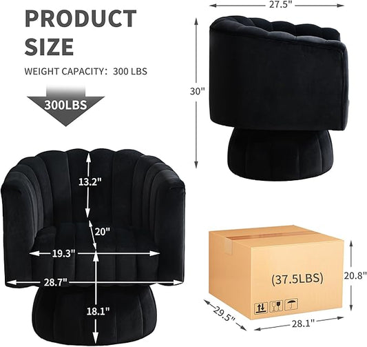 Swivel Accent Barrel Chair Set of 2- Cute Comfy Small Round 360° Arm Chair Velvet Sofa Club Reading Chair for Living Room Bedroom Office Black