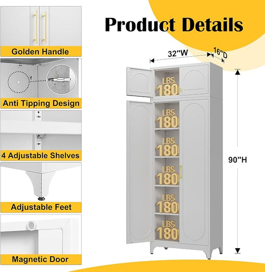 SteeLoong Metal Storage Cabinet and Wall Upper Storage Cabinet,90Inch White Kitchen Pantry Cabinets with 4 Adjustable Shelves,Tall Food Cupboards for Living Room, Dining Room Office