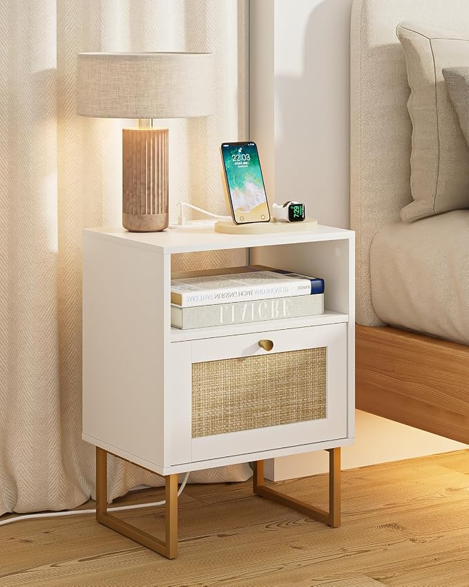 Masupu Extra Large Rattan Nightstand with Charging Station,Boho Night Stand Modern Farmhouse Wood Bedside Table with Storage Drawer and Open Shelf,Side End Table for Bedroom,Living Room,Office White