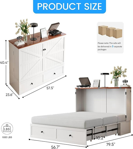 PUREMIND Murphy Bed Full, Farmhouse Frames Cabinet Beds Chest with Charging Station & Storage Drawers, Convertible Hideaway Cabinet Bed for Guest Room, White, Without Mattress