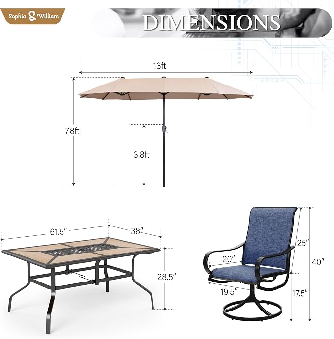 Sophia & William Patio Set with Umbrella Outdoor Dining Set for 6 with 13ft Umbrella Beige, 6 x Patio Chairs Blue, 1 Wood Like Outdoor Dining Table for Deck Lawn Garden (No Umbrella Base)