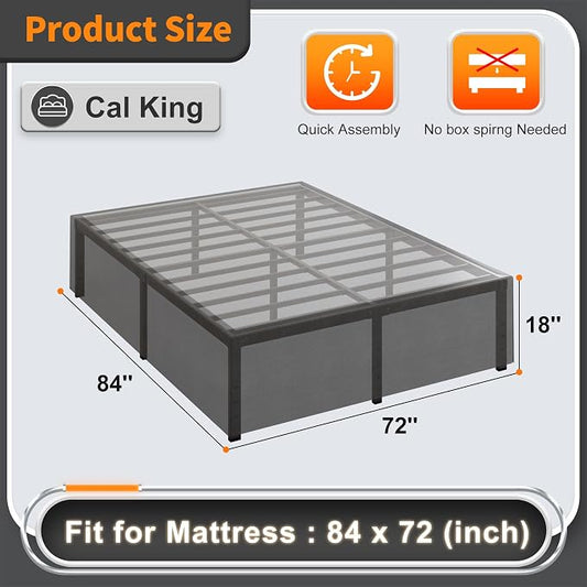 Cieemine 18 Inch California King Bed Frame with Black Bed Cover, Metal Cal King Bed Frame No Box Spring Needed, Heavy Duty Mattress Foundation, Easy Assembly, Noise Free
