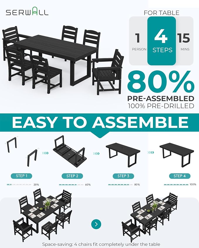 SERWALL HDPE Outdoor Dining Set for 6, 67'' Patio Table and Chairs Set | with Armless Seat