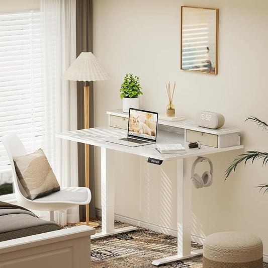Veken 55x26 in Electric Standing Desk with Drawers, Adjustable Table, White | Stand up Computer Desk for Home Office, Work & Study, with Storage, 3 Memory Presets, Cable Organizer, Hook, and Quiet Lift.